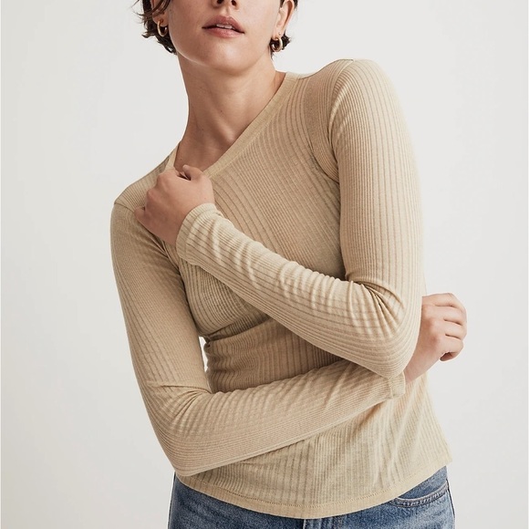 Madewell Variegated Ribbed Crewneck Long-Sleeve Tee pale lichen - Picture 1 of 8